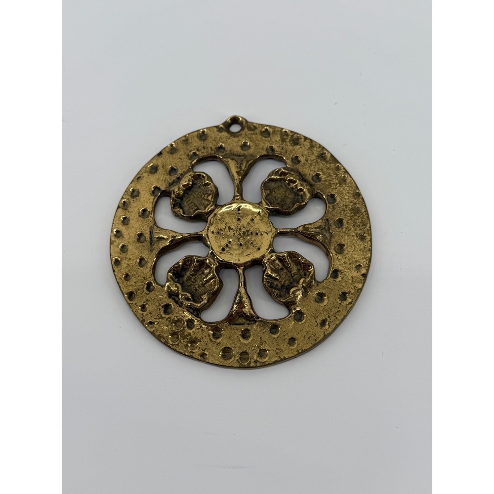Vintage Brutalist Cast Brass Round Floral Sunburst Openwork Pendant Medallion
